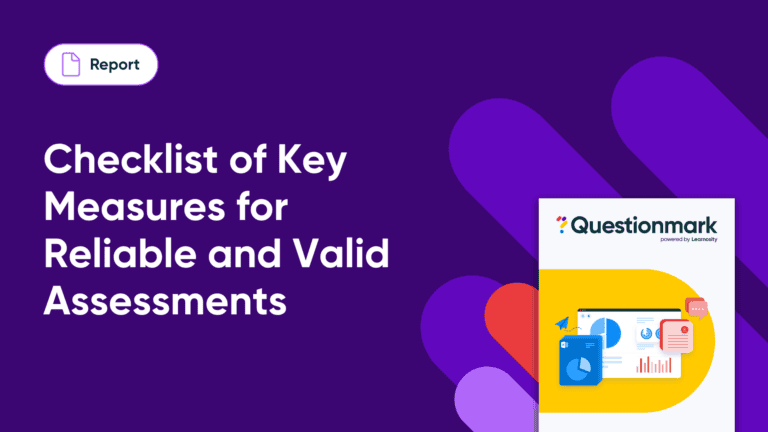 A purple graphic with text: Checklist of Key Measures for Reliable and Valid Assessments. On the right is a report cover with charts and icons.