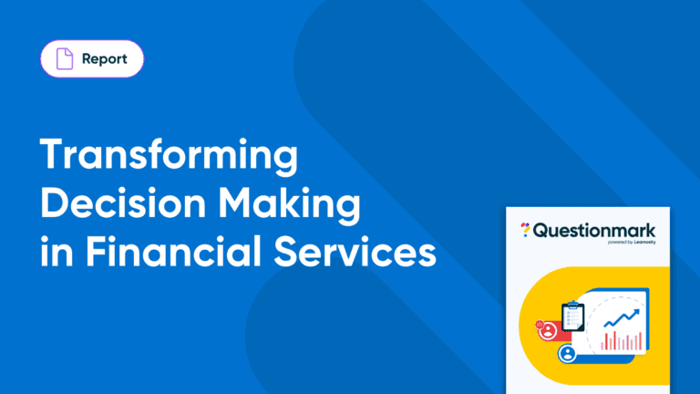 A blue graphic with the text Transforming Decision Making in Financial Services, a Report icon, and a Questionmark report cover featuring charts and a clock highlights innovation in financial services.
