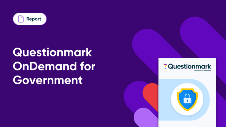 A digital graphic with the text Questionmark OnDemand for Government, featuring a shield with a lock and a Report button on a purple background with abstract shapes.