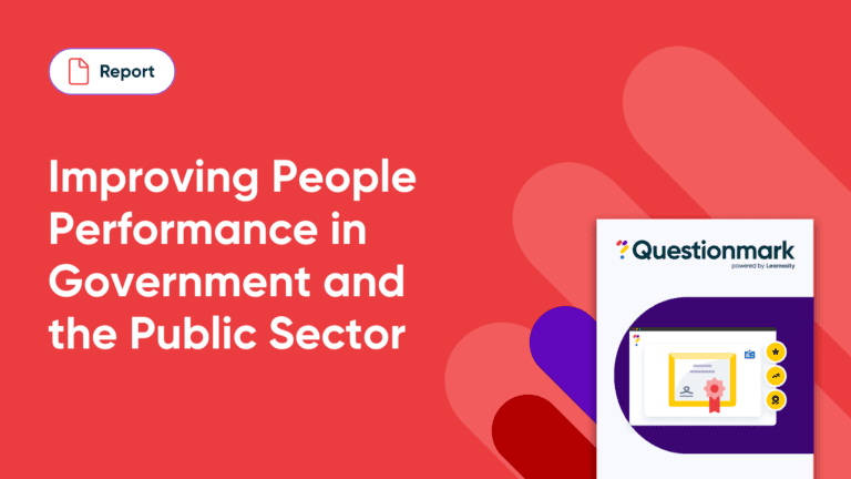 A red background with the text Improving People Performance in Government and the Public Sector, highlighting the theme of improving performance in government, and a thumbnail of a report featuring the Questionmark logo alongside an illustration of a certificate.