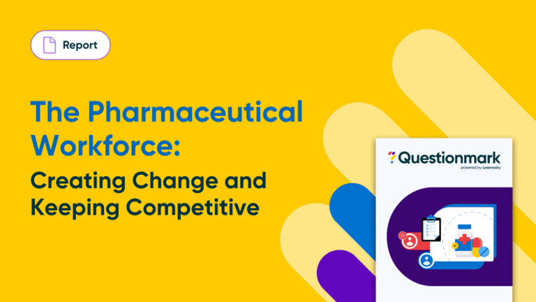 Bright graphic with The Pharmaceutical Workforce: Creating Change and Keeping Competitive. Includes a Questionmark logo, a clipboard with medical icons, and a blue, yellow, and beige abstract background—highlighting the importance of improving performance in government healthcare initiatives.