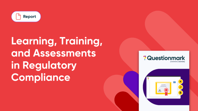 Red background with white text: Learning, Training, and Assessments in Regulatory Compliance. A Report button is at the top left, and a booklet cover featuring a certificate icon is shown at the bottom right.