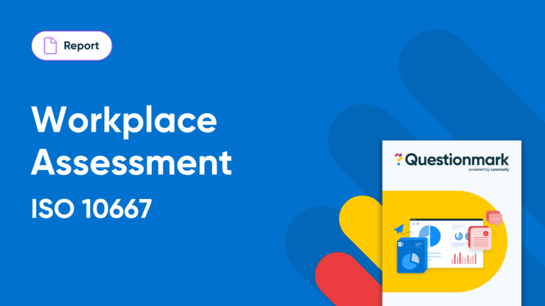 A blue graphic with the text Workplace Assessment ISO 10667. To the right, a report cover shows the Questionmark logo and icons of charts and graphs. Multicolored overlapping shapes are in the background.