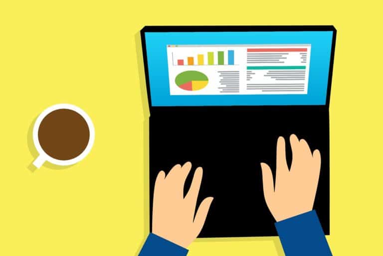 Illustration of hands typing on a laptop, showcasing charts and graphs on the screen to highlight data literacy, with a cup of coffee on the left, all set against a yellow background.