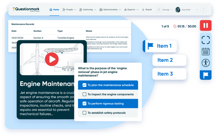 Assessment authoring screen showing AI-assisted item writing for enterprise certification exams