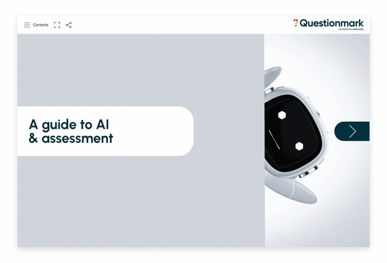 A digital graphic featuring the text A guide to AI and assessment on a gray background, with a partial image of a white robot with a screen face on the right side.