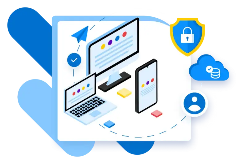 Illustration of a computer, laptop, and smartphone with icons showing security, cloud storage, certification, a user, and a paper airplane, representing secure digital connectivity across devices.