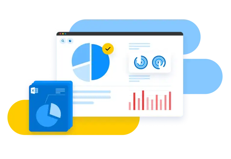 A graphic showing a computer screen with pie charts, bar graphs, and analytics, alongside a blue Excel file icon with a pie chart—perfect for illustrating data skills or certification—all on blue and yellow abstract shapes.