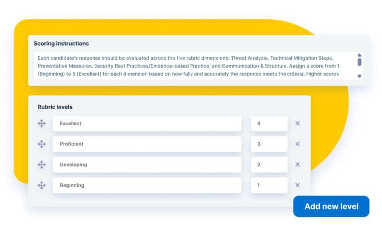 A scoring rubric interface displays scoring instructions and four rubric levels: Excellent, Proficient, Developing, and Beginning, each with a corresponding score box and a "Add new level" button. The integration of AI scoring for assessments streamlines the evaluation process and enhances consistency across all rubric levels.
