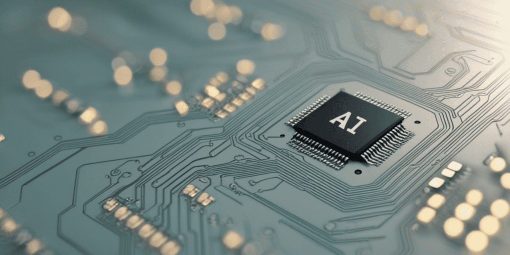 L&D In 2026 - Close-up of a circuit board with a central microchip labeled ‘AI,’ surrounded by glowing components and circuitry, representing artificial intelligence embedded in modern technology.