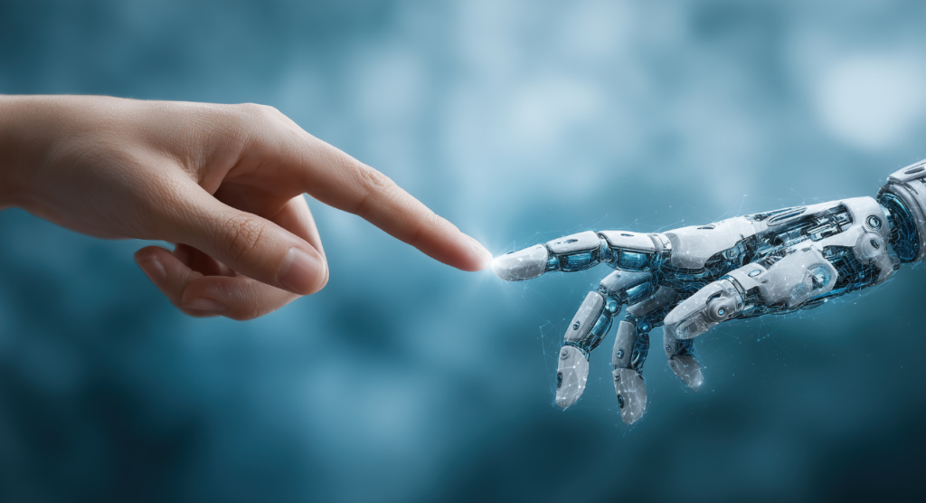 L&D in 2026 - A human hand and a robot hand touching index fingers.