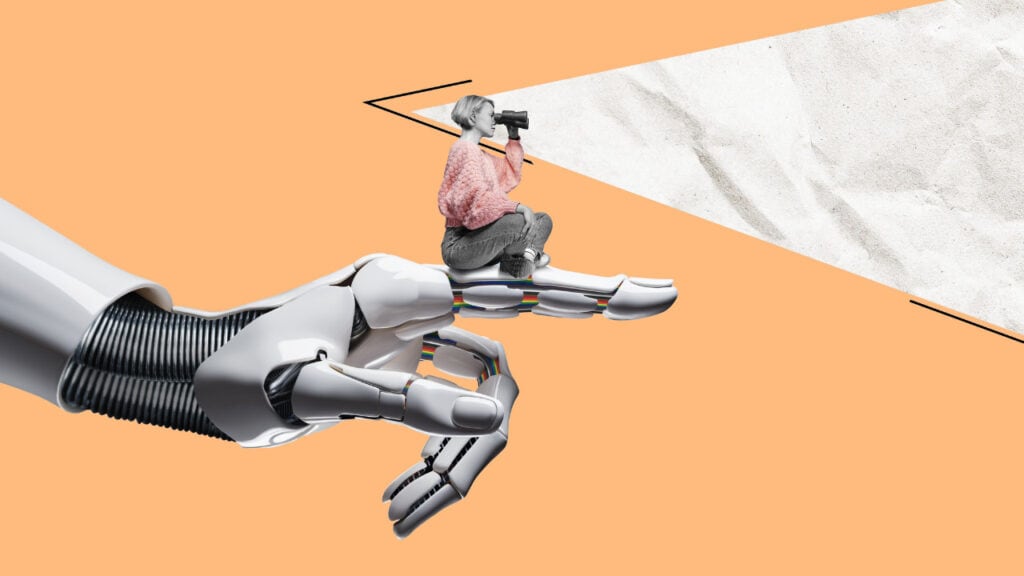 Human oversight of AI. A woman with binoculars sitting on a robotic hand.