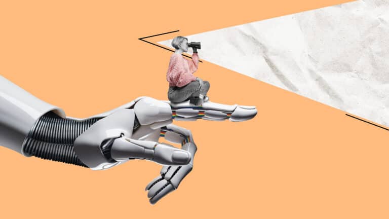 Human oversight of AI. A woman with binoculars sitting on a robotic hand.