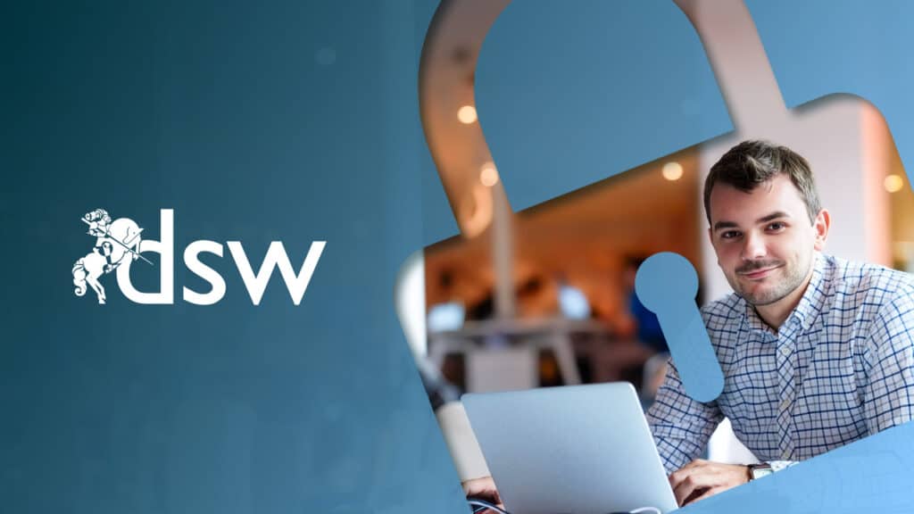 Secure remote assessments represented by an image of a man on a laptop, framed in the shape of a padlock with the DSW logo to the left.