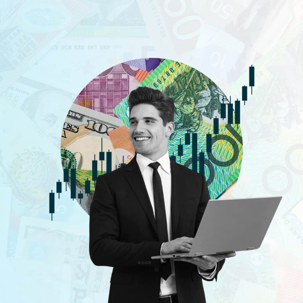 FSI assessments - A professional man in a suit smiling while holding a laptop, set against a background of global currency notes and financial charts, alongside the text “Modernizing FSI assessments” and a subtitle about transforming financial readiness assessments.