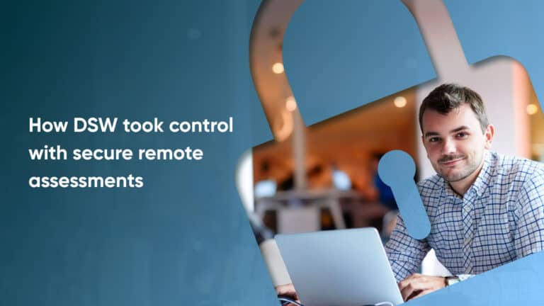 Secure remote assessments represented by an image of a man on a laptop, framed in the shape of a padlock.