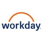 Workday logo with the word "workday" in blue lowercase letters, and an orange curved line arching over the top of the word—ideal for integrating with solutions like the Questionmark assessment platform.