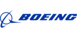 Boeing logo in blue, features a stylized ring and swoosh design to the left of the bold, uppercase word BOEING