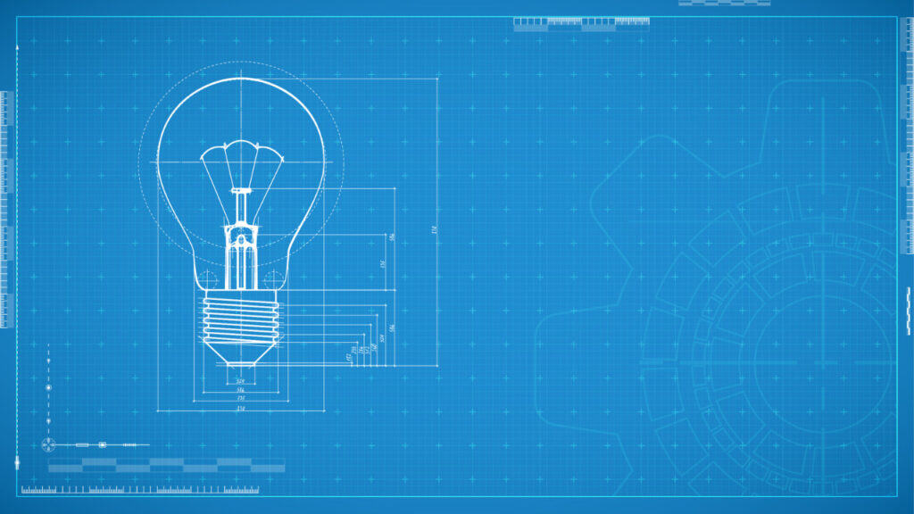 Certification program build process metaphor showing a white technical blueprint drawing of a light bulb appearing on a blue grid background, with geometric and measurement lines, partial gear outlines to the right, and subtle markings that highlight its precision design.