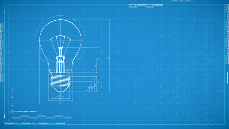 Certification program build process metaphor showing a white technical blueprint drawing of a light bulb appearing on a blue grid background, with geometric and measurement lines, partial gear outlines to the right, and subtle markings that highlight its precision design.
