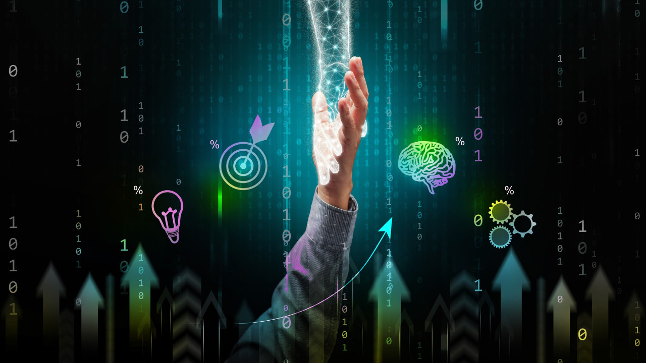 Certification program using AI concept showing a human hand reaching toward a glowing digital hand, surrounded by tech icons like a brain, target, gears, and lightbulb, with binary code and upward arrows in the background, symbolizing technology, innovation, and the pursuit of certification.