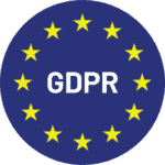 Blue circle with twelve yellow stars forming a ring, surrounding the white letters GDPR in the center, representing the European Union’s General Data Protection Regulation and its important implications for hiring assessments.