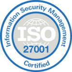 A circular badge with Information Security Management Certified around the edge and ISO 27001 in the center, over a faint globe graphic.