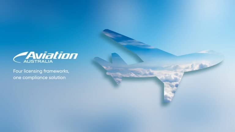 Aviation Australia logo next to a plane silhouette filled with clouds and blue sky. Text reads: Four licensing frameworks, one compliance solution for seamless compliance assessments. Blue gradient background.