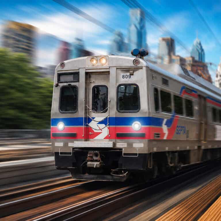 A silver SEPTA train with red and blue stripes moves quickly on tracks, with a blurred cityscape and greenery in the background, suggesting speed and motion—much like how secure remote assessments enable swift, reliable progress in today’s fast-paced digital environment.