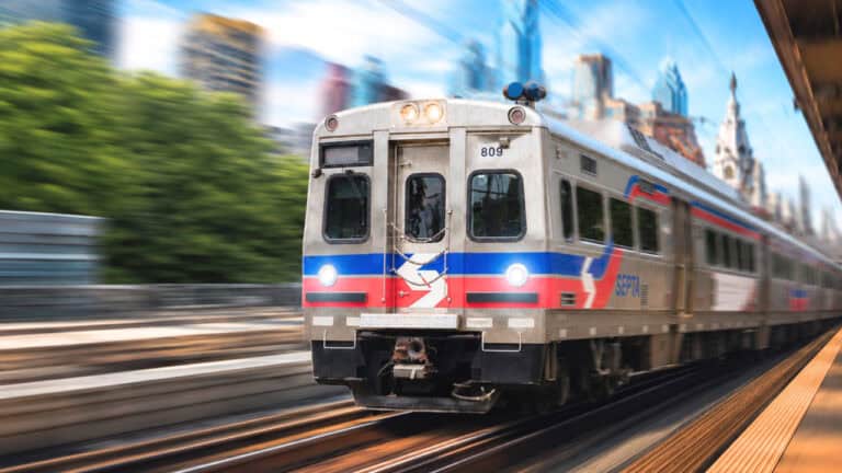 A silver SEPTA train with red and blue stripes moves quickly along outdoor tracks, with blurred city buildings and greenery in the background, suggesting speed—much like the rapid advancements in secure remote assessments.