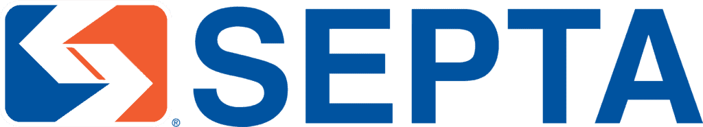 SEPTA logo featuring a stylized blue and red arrow design inside a square, followed by the word SEPTA in bold blue capital letters on a light background.