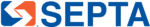 SEPTA logo featuring a stylized blue and red arrow design inside a square, followed by the word SEPTA in bold blue capital letters on a light background.