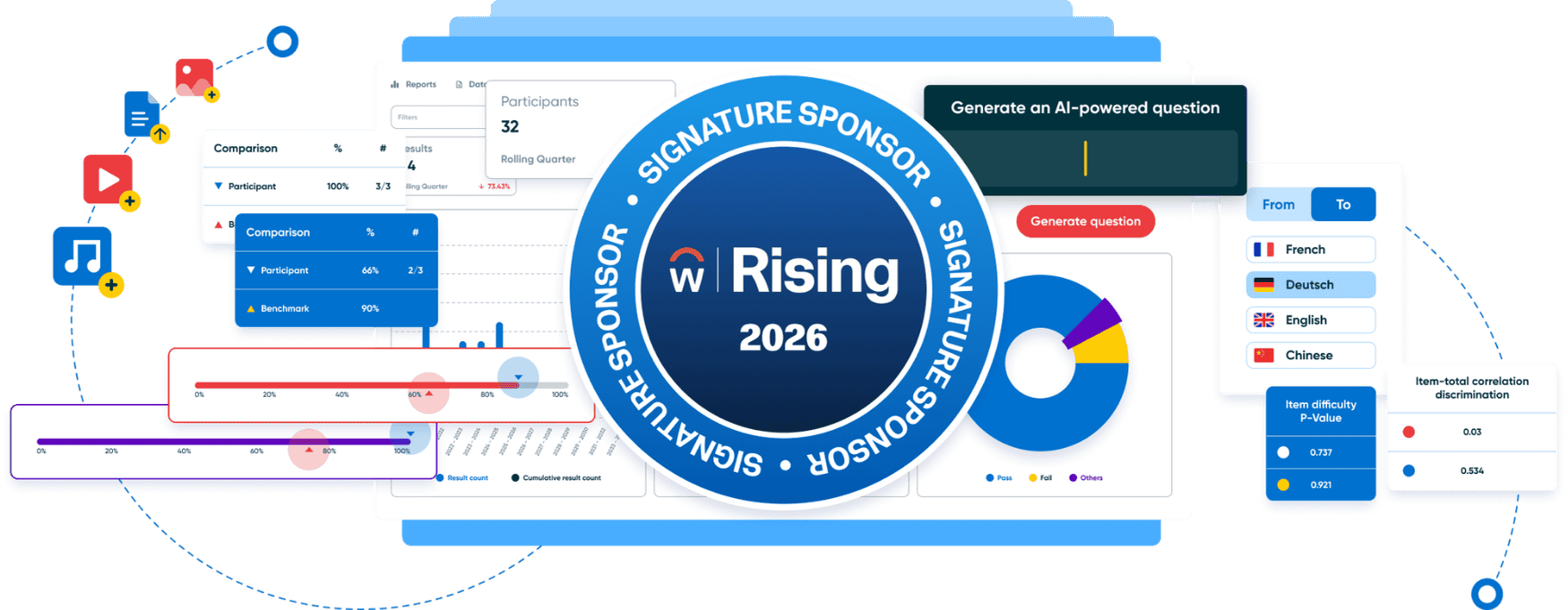 Data-driven dashboard with charts, graphs, and language options, centered around a Workday Rising 2026 badge labeled Signature Sponsor. Music, check marks, and AI question prompt icons float around.