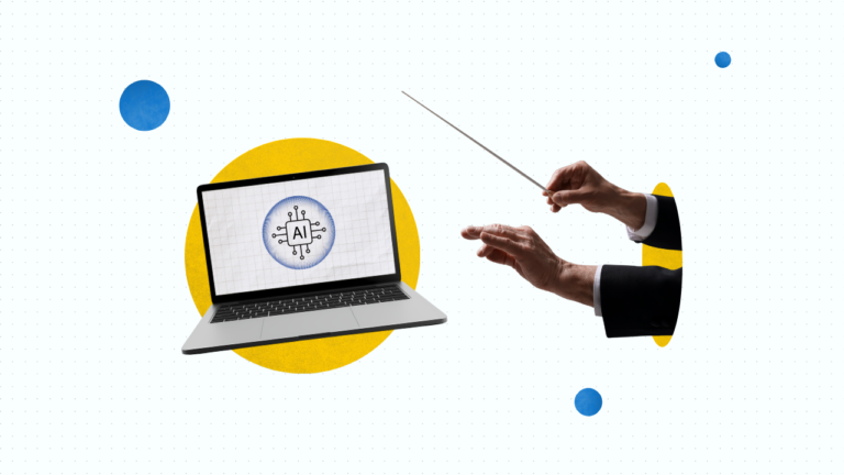 A laptop with an AI icon on the screen, symbolizing the role of AI in assessment, is positioned beside a conductor’s hands holding a baton, with abstract yellow and blue circles in the background.